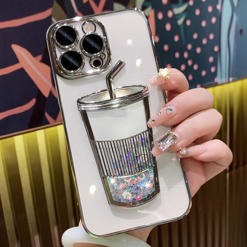 Fashion Milk Tea Cup Bling Glitter Star Quicksand Case